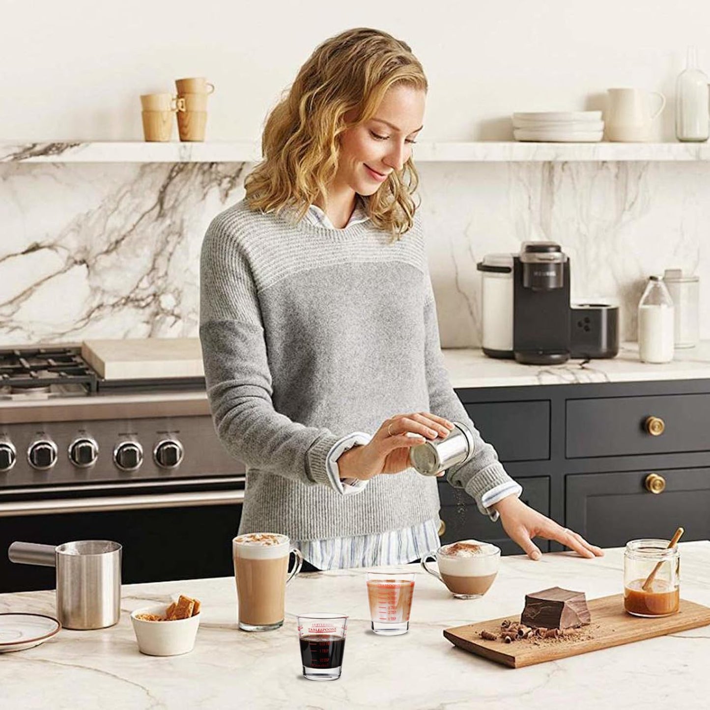 Measuring cup Espresso Shot Glass Liquid Heavy Glass Wine Glass 26-Incremental Measurement 1oz, 6 Tsp, 2 Tbs, 30ml (2 pack-red)