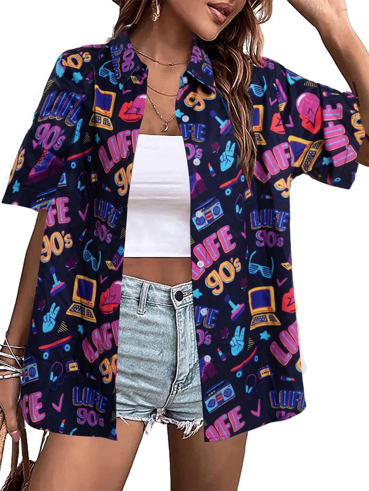 80s 90s Outfits for Women Retro Theme Party Disco Shirt 80s Hawaiian Shirt Neon Button Down Short Sleeve Blouse Tops