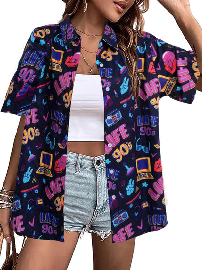 80s 90s Outfits for Women Retro Theme Party Disco Shirt 80s Hawaiian Shirt Neon Button Down Short Sleeve Blouse Tops