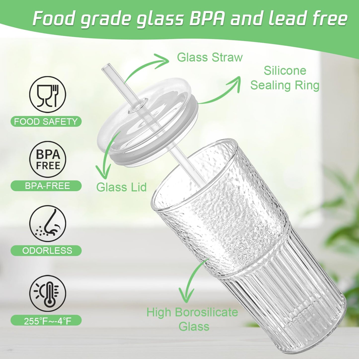 Luiaiog Glass Cups with Lids and Glass Straws, High Borosilicate 20OZ Tumblers (2Pcs) for Coffee, Tea, Juice, Smoothies, Hot/Cold Drinks at Home, Office