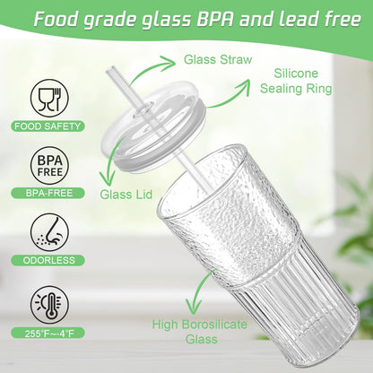 Luiaiog Glass Cups with Lids and Glass Straws, High Borosilicate 20OZ Tumblers (2Pcs) for Coffee, Tea, Juice, Smoothies, Hot/Cold Drinks at Home, Office