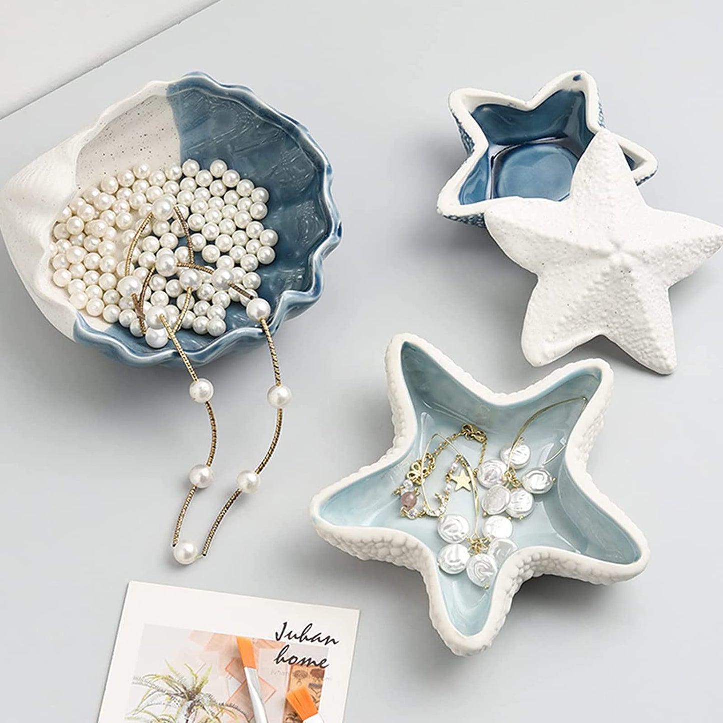 Linfye Starfish Jewelry Dish Tray - Ceramic Ring and Trinket Holder - Ocean Style Table Decoration for Earrings and Candy Storage
