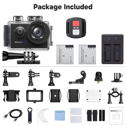 AKASO Brave 6 Plus Native 4K30FPS 20MP WiFi Action Camera with Touch Screen EIS 4X Zoom Voice Control Remote Control 131 Feet Underwater Camera with 2X 1350mAh Batteries and Helmet Accessories Kit