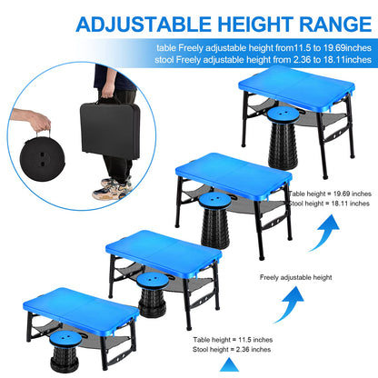 KPR Small Folding Table and Stool Set, Lightweight and Height Adjustable, Perfect for Camping, Picnic, Beach Also Ideal as Lap Desk, Bed Table, Portable Desk(Blue)