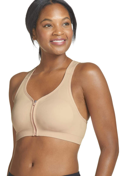 Jockey Women's Bras Mid Impact Zip Front Sports Bra, Nude, s