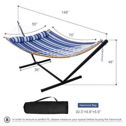 Mansion Home 12 Ft Yard Hammock with Stand, 2 Person Hammock Freestanding with Curved Spreader Bar, Large Hammocks for Outside with Pillow and Portable Bag, Heavy Duty 450 lbs, Blue Stripes