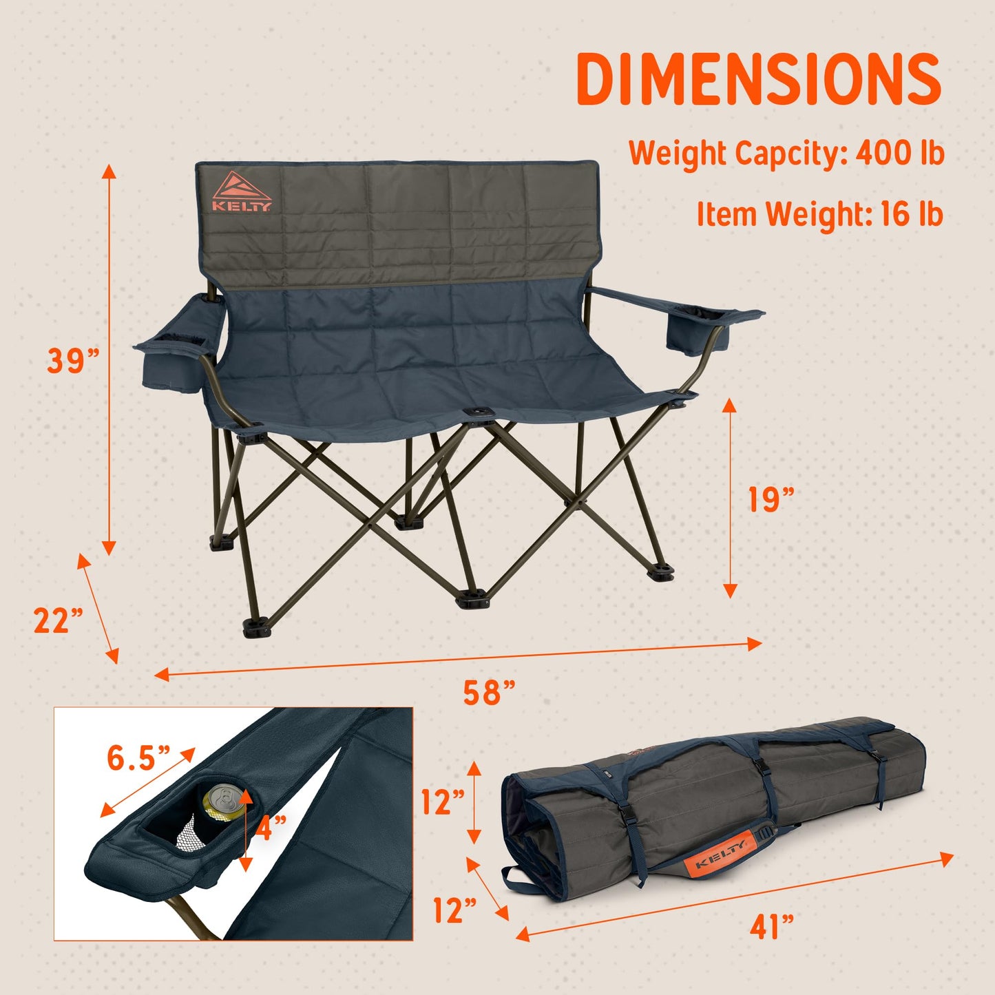 Kelty Loveseat 2-Person Oversized Camping Chair – Folding Heavy Duty Double Camp Seat for Soccer Games, Backyard, Tailgating and Beach Days (Dark Shadow/Navy)
