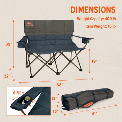 Kelty Loveseat 2-Person Oversized Camping Chair – Folding Heavy Duty Double Camp Seat for Soccer Games, Backyard, Tailgating and Beach Days (Dark Shadow/Navy)