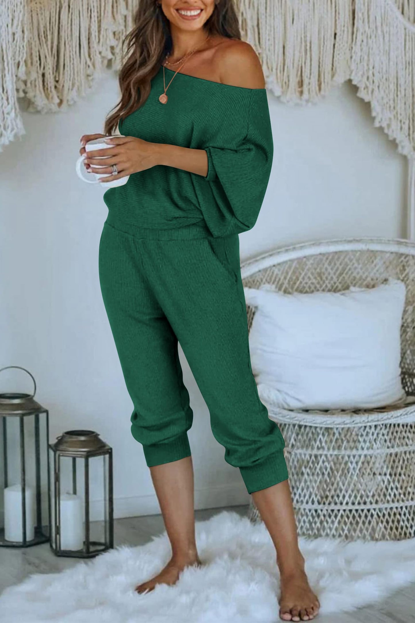 PRETTYGARDEN Two Piece Sets for Women Fall 2025 Ribbed Knit Off Shoulder Tops Lounge Pants Tracksuit Fashion Clothing (Green,Medium)