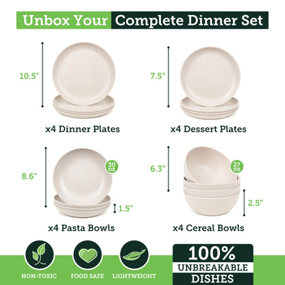 Grow Forward 16-piece Premium Wheat Straw Dinnerware Sets for 4 - Unbreakable Dishwasher & Microwave Safe Plastic Plates and Bowls Sets - Patio, Outdoors, RV, Camping Dishes - Sahara