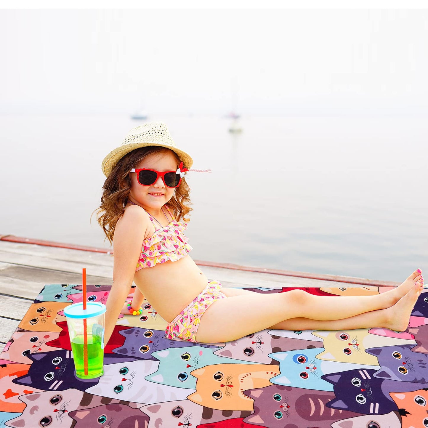 LIVILAN Large Kitten Cat Beach Towel, 30" X 60" Soft Microfiber, Absorbent, Quick Dry, Sand Free, Light, Multiuse for Bath, Pool, Swim, Cute Cat Gifts