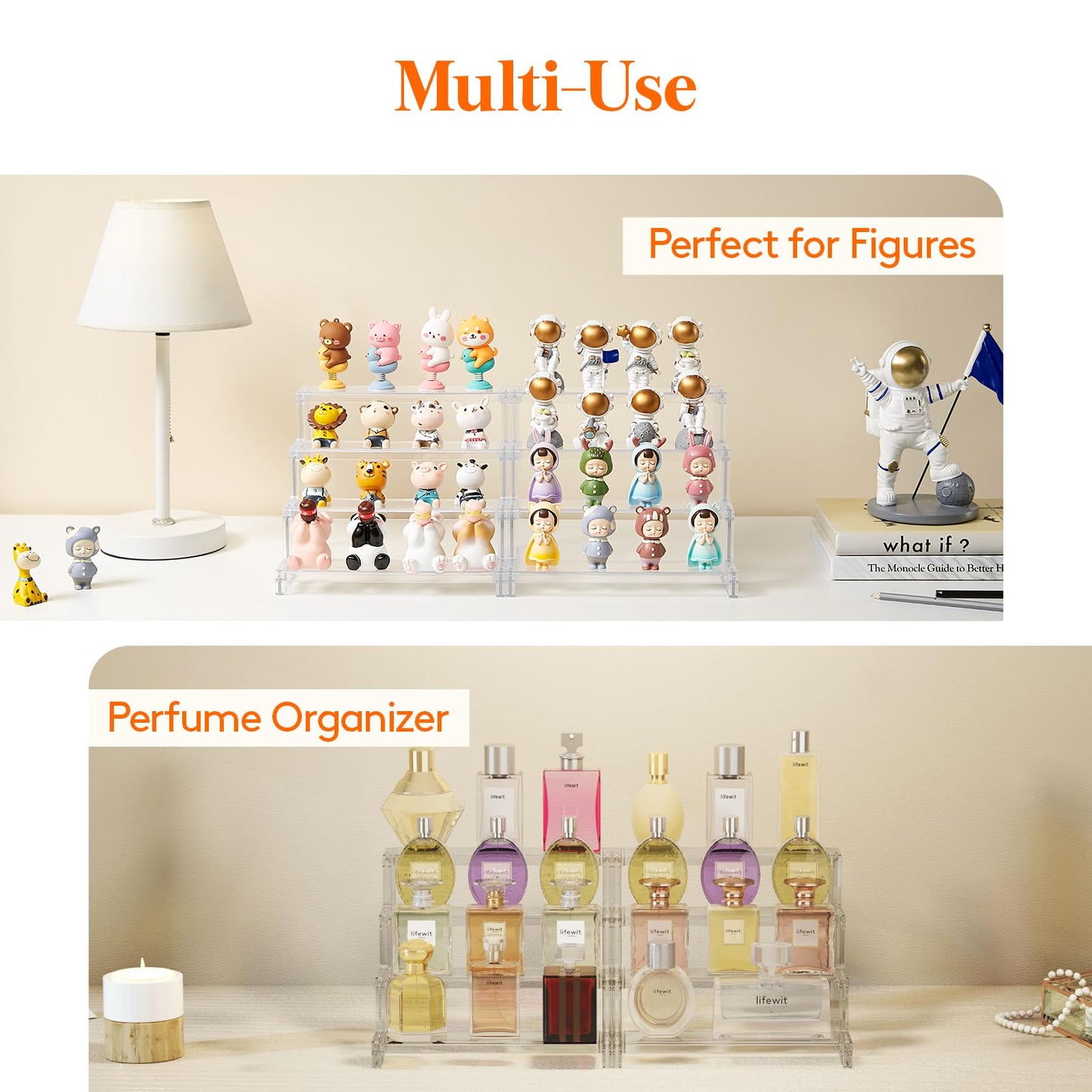 Lifewit 4 Tier Clear Display Riser Stand, Tool-free Assembly, Plastic Organizers for Figures, Cupcake, Perfume, Dessert, Desktop Display Stand for Organize and Decoration, 9 Inch, 1-Pack