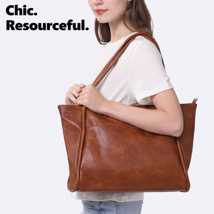 Large Tote Bag for Women Work with Zipper 16L Vegan Leather Ladies Travel Purses and Handbags Brown