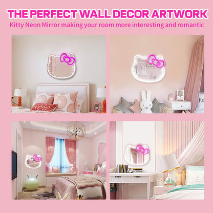 MCJSGSP Anime Hello Kit Mirror with Light Neon Signs for Wall Decor, Teen Girl Gift，Makeup Mirror neon Sign Room Decor (14.6 * 12.2 inch)