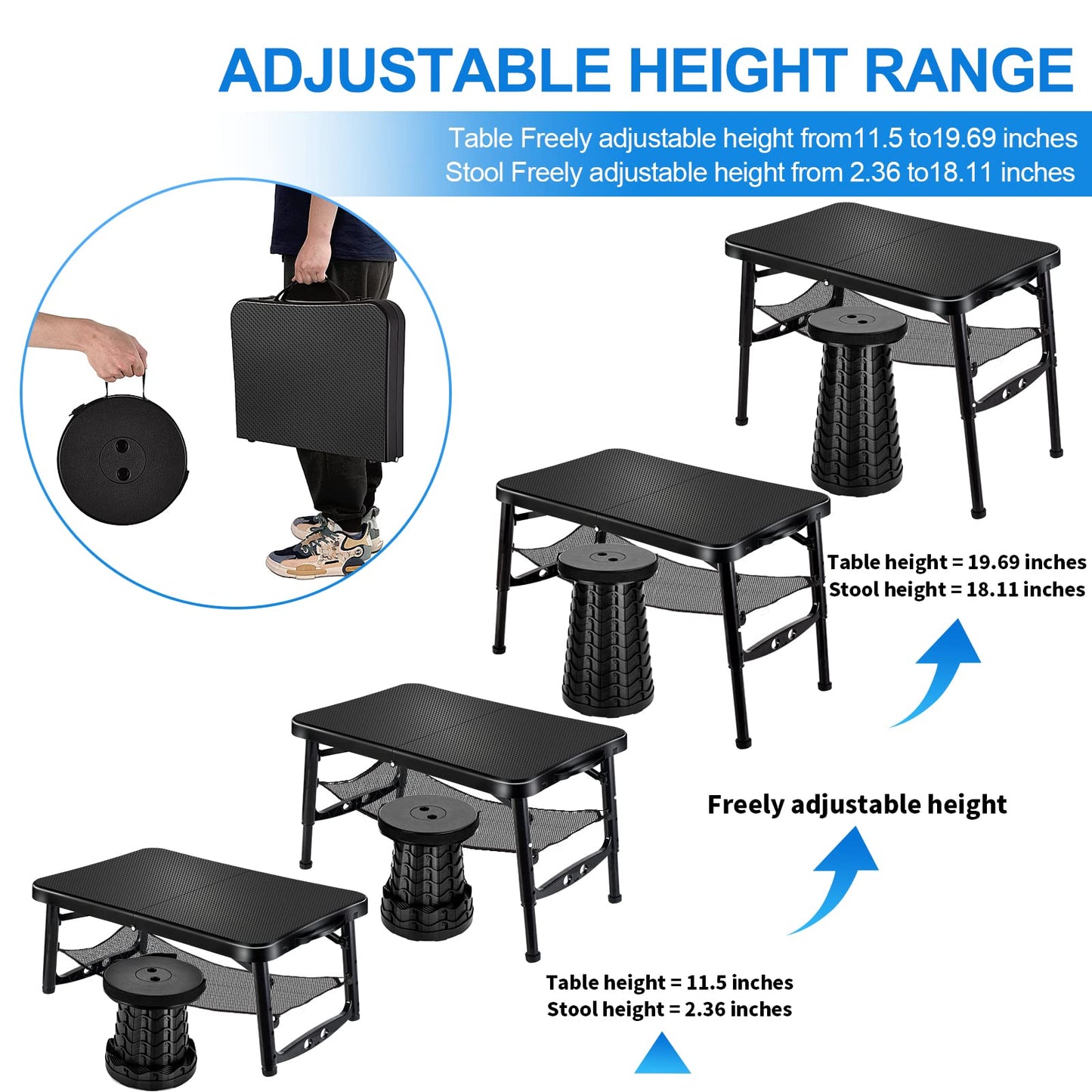 KPR Retractable Small Folding Table and Stool Set, Portable Camping Foldable Table Lightweight Yet More Sturdy with Adjustable Stool for Outdoor Picnic, Beach, Camp, Also Ideal as Laptop Bed Desk