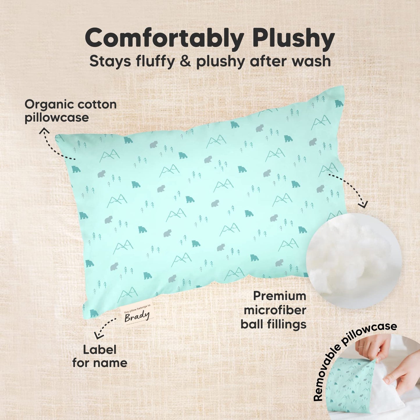 Mini Toddler Pillow with Pillowcase - 9x13 My Little Dreamy Travel Kids Pillow for Sleeping, Toddler Bed, Small, Tiny, Organic Cotton Pillowcase, Soft & Breathable, Kids 2-4 Years Old (Polar)