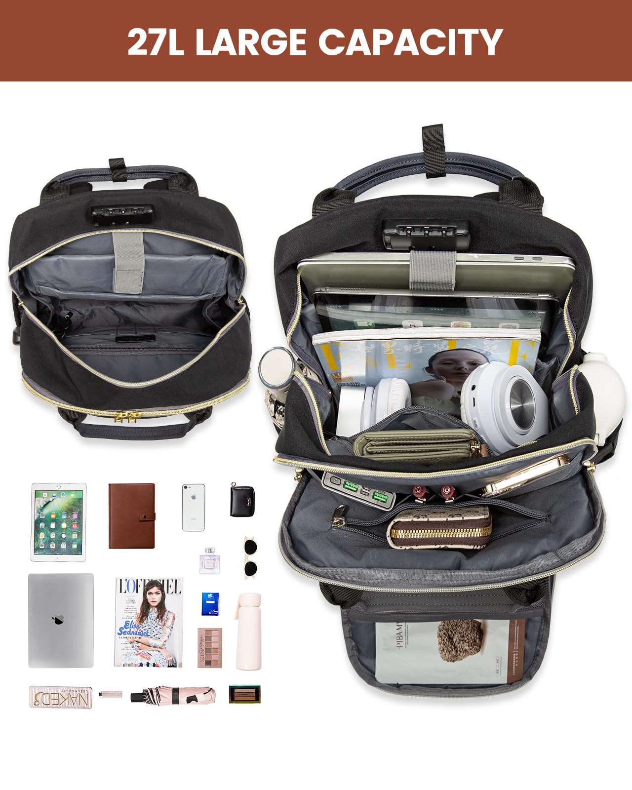 LOVEVOOK Laptop Backpack for Women, Unisex Travel Anti-theft Bag, Business Work Computer Backpacks Purse for Men, Casual Hiking Daypack with Lock, 15.6 Inch, Black-Grey