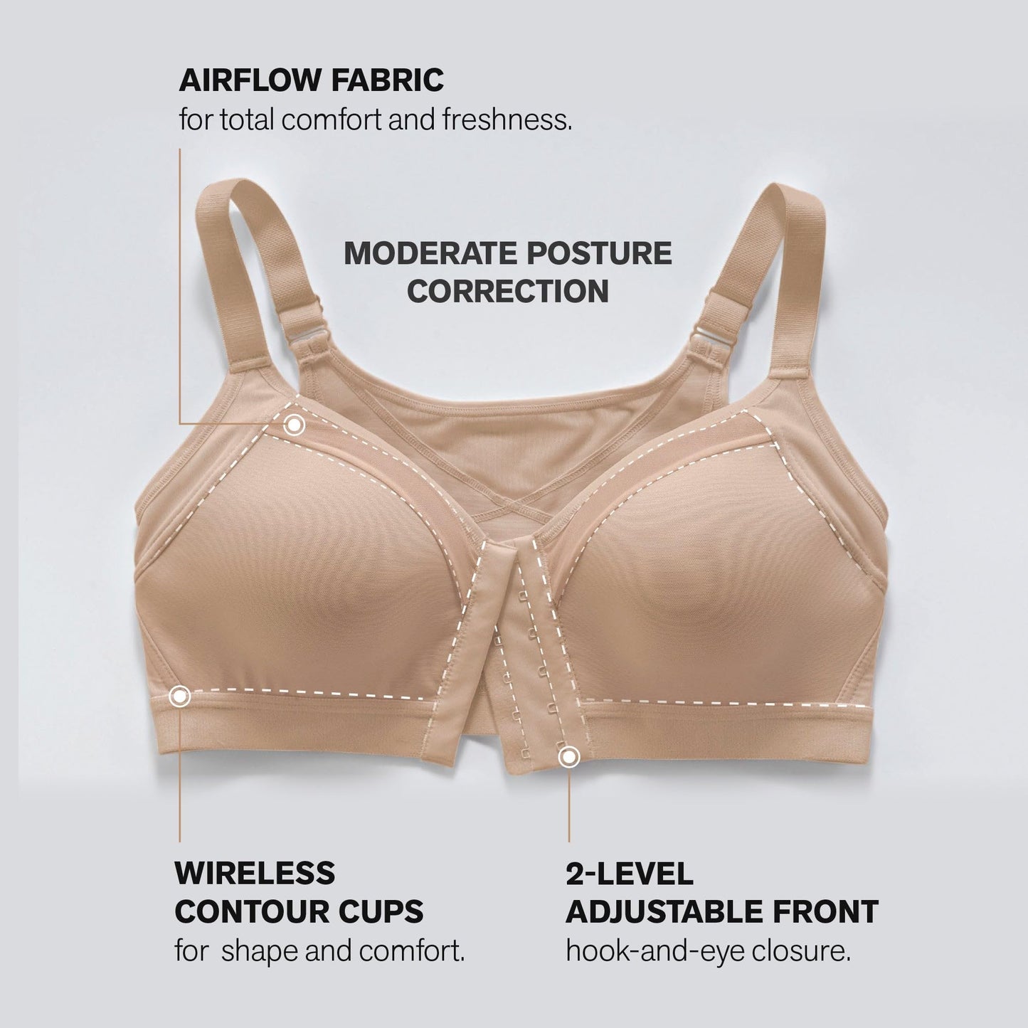 Leonisa Posture Corrector Bra, Wireless Front Closure Posture Bra with Contour Cups – Back Support and Everyday Comfort, Beige, 34C
