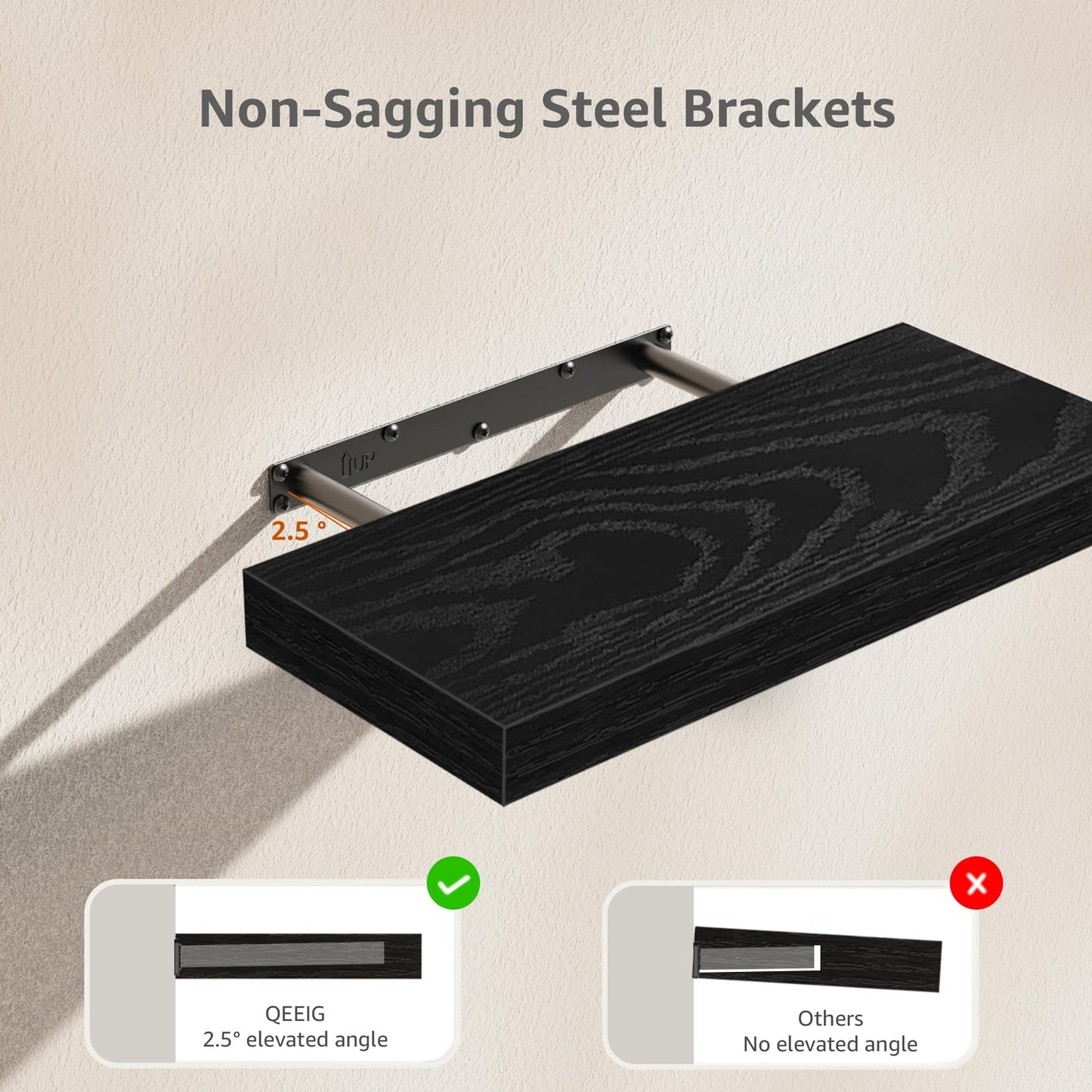 QEEIG Black Bathroom Floating Shelves for Wall Shelf Over Toilet Wall Mounted Farmhouse Small 16 inch Set of 2 (008-40B)