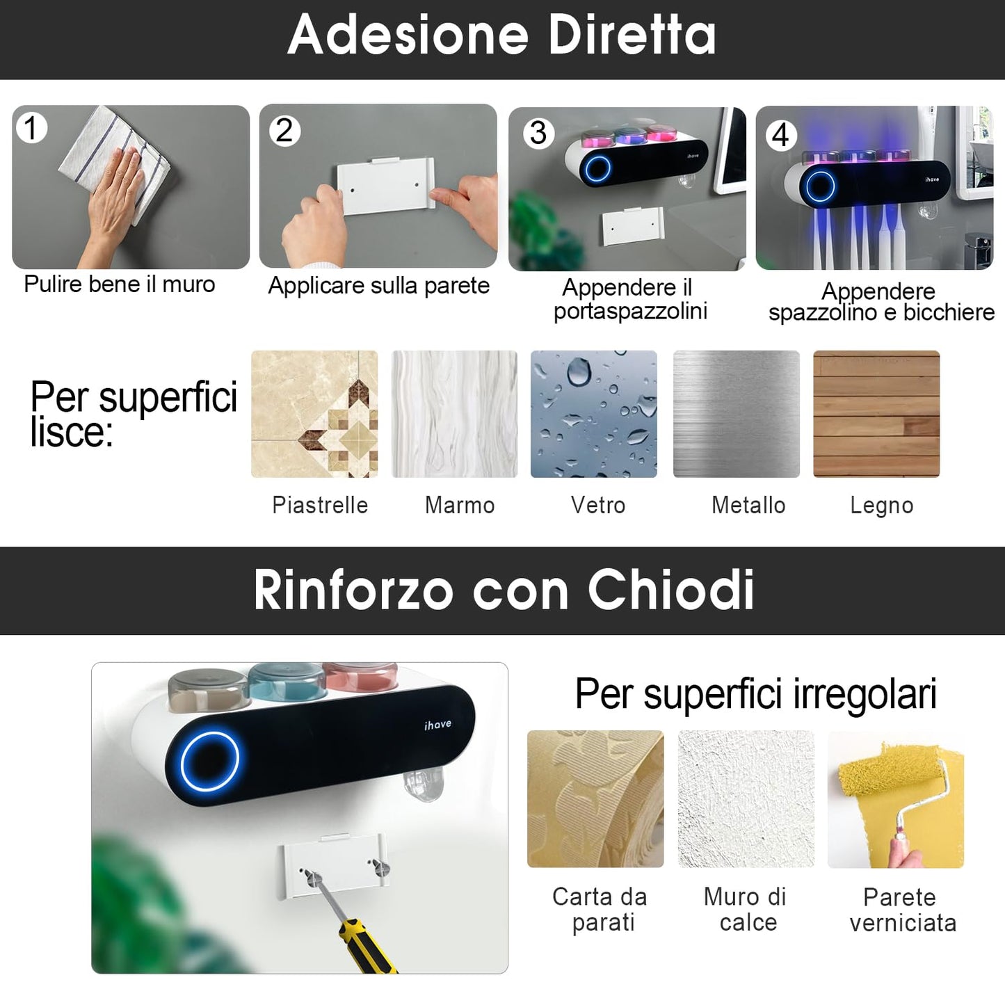 iHave Toothbrush Holders for Bathrooms, UV Toothbrush Sanitizer and Holder Smart Home Bathroom Accessories, 3 Cups Electric Toothbrush Holder Wall Mounted with Toothpaste Dispenser Bathroom Decor