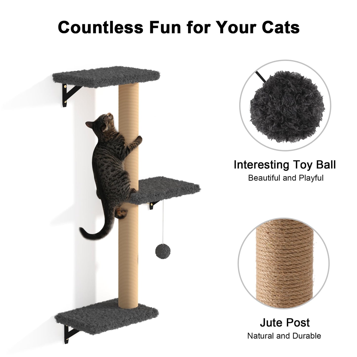 FUKUMARU Cat Wall Shelves, Stable & Safe 4 in 1 Cat Furniture Set, Wooden Climbing Wall with Scratching Post for 16 Inch Drywall - Gray