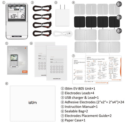 iSTIM EV-805 TENS EMS 4 Channel Rechargeable Combo Machine Unit - Muscle Stimulator + Back Pain Relief and Management- 24 Programs/Backlit (Including Electrodes Pads)