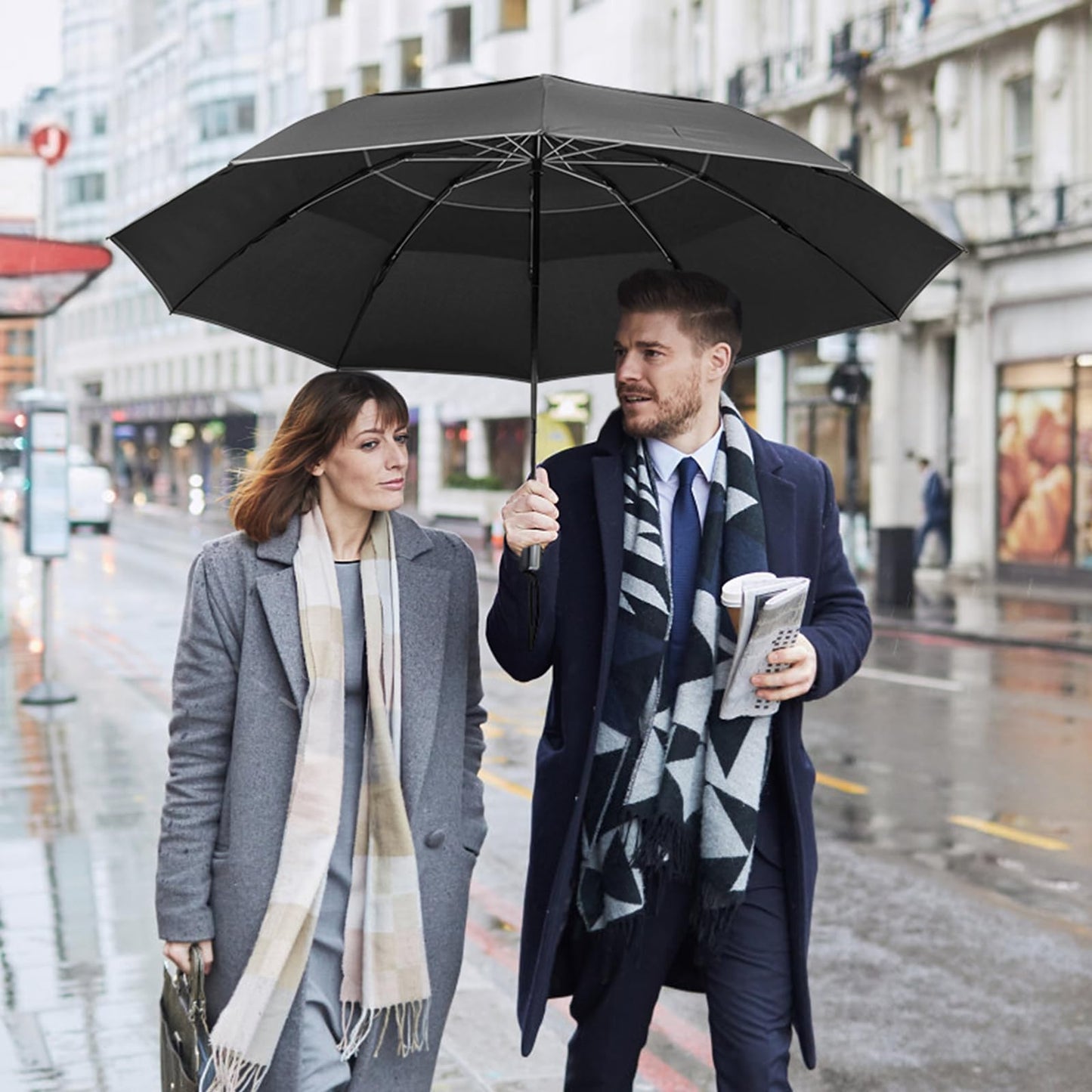 G4Free 62 Inch Windproof Inverted Umbrella with Reflective Stripe Large Compact Reverse Golf Umbrella for Rain 10 Ribs Double Canopy Travel Umbrella Automatic Open Close (Black)