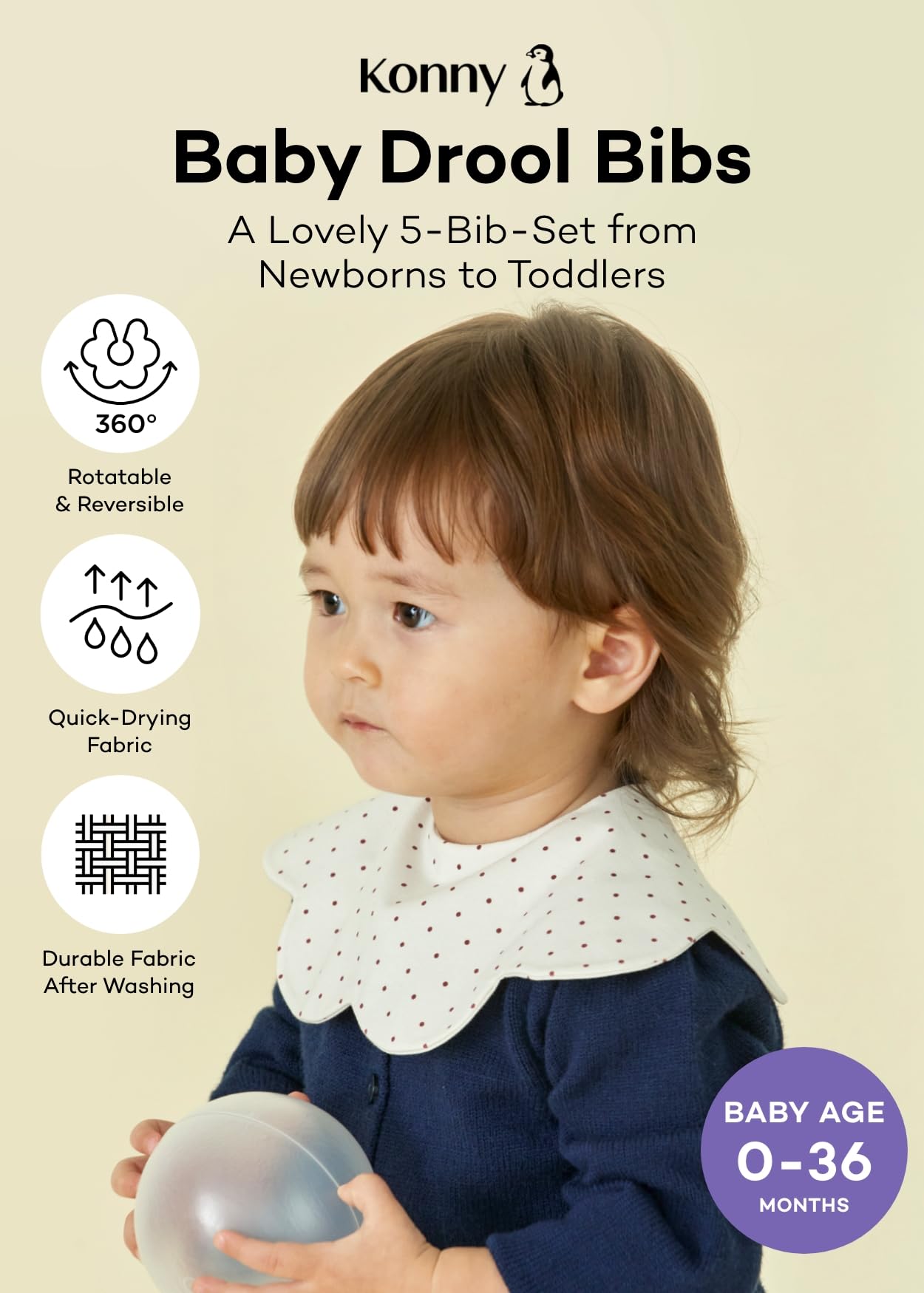 Konny Baby Bibs 5-Pack, 360 ° Rotate, Soft and Absorbent Bandana for Drooling and Teething Newborn Boys Girls Baby Essentials (Set 4 - Mint, Pink, Beige, Wine Dot, Creamy Gingham)