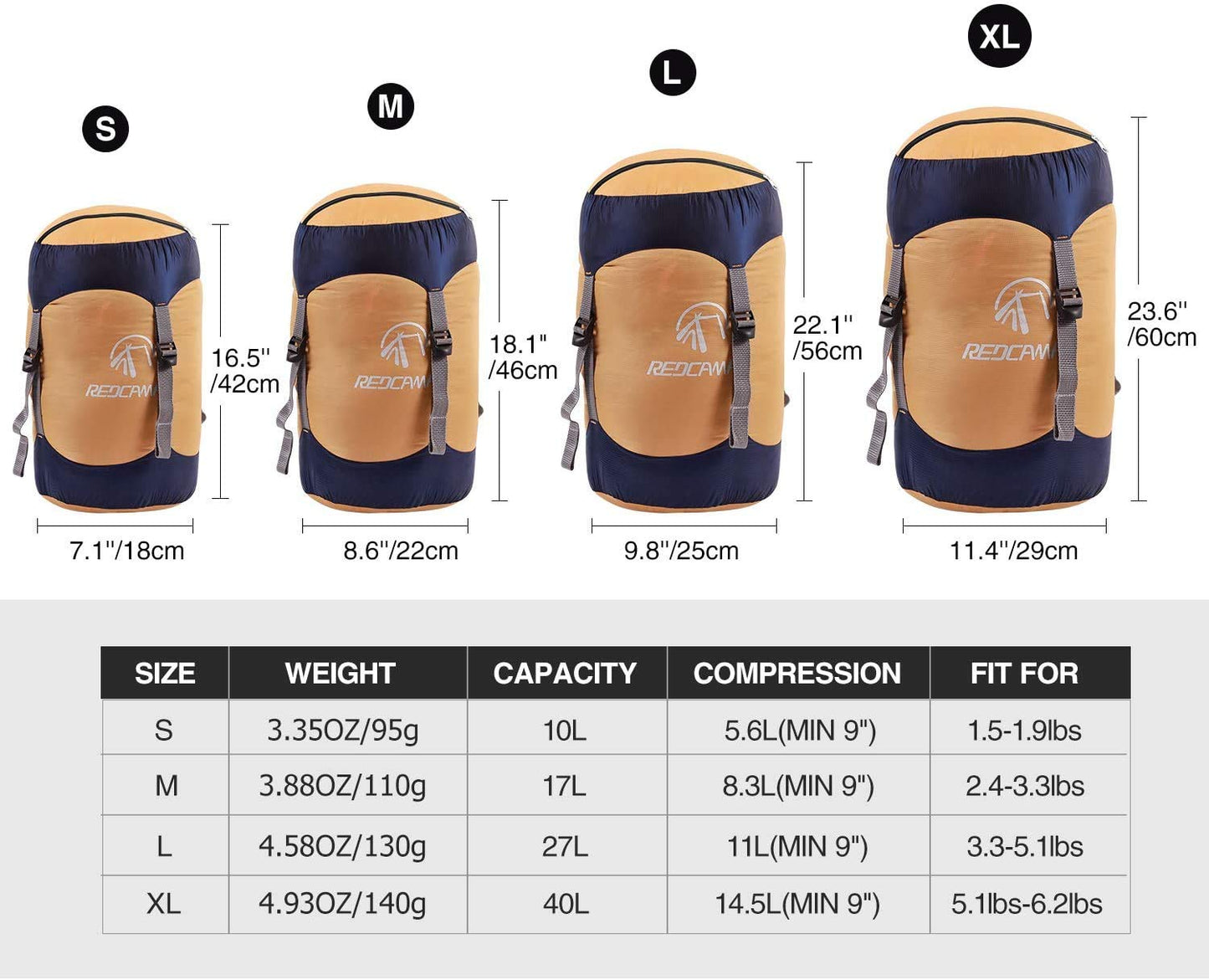 REDCAMP Nylon Compression Stuff Sack, Lightweight Sleeping Bag Compression Sack Great for Backpacking, Hiking and Camping, Orange L