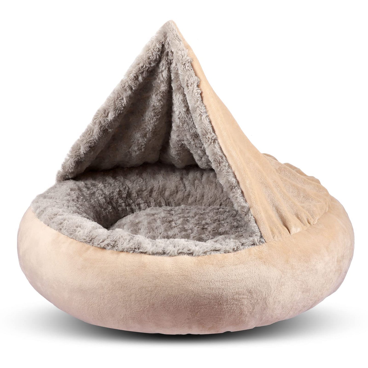 GASUR Small Dog & Cat Bed, 23'' Donut Pet Bed Mat with Hooded Blanket, Anti-Anxiety Burrow Cave Bed, Cozy Puppy Bed, Machine Washable, for Indoor Pets up to 20lbs