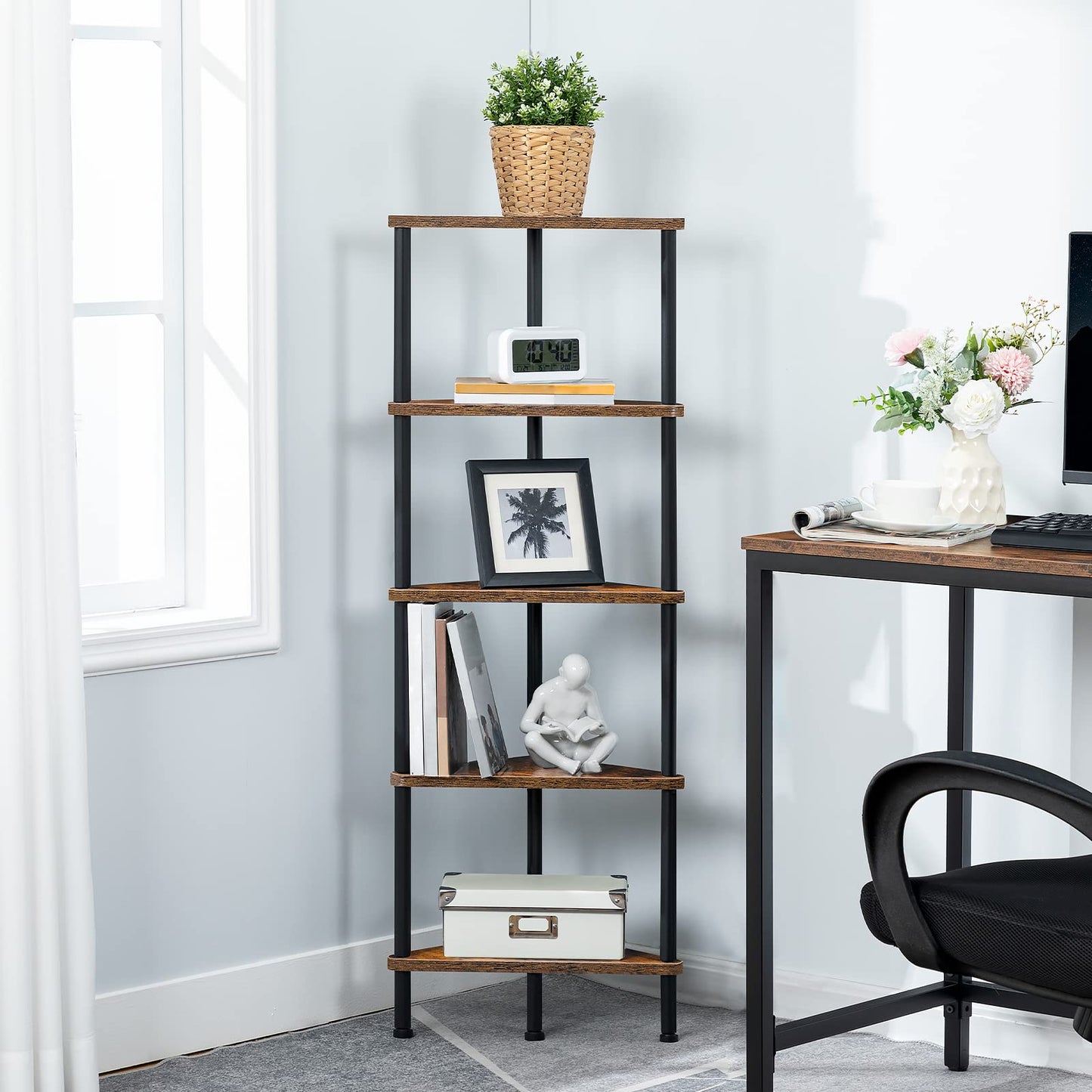 HOOBRO Corner Shelf Stand, Industrial 5-Tier Corner Bookshelf with Metal Frame, Plant Display Shelf, Small Bookcase for Small Spaces, Bedroom, Living Room, Rustic Brown BF33CJ01