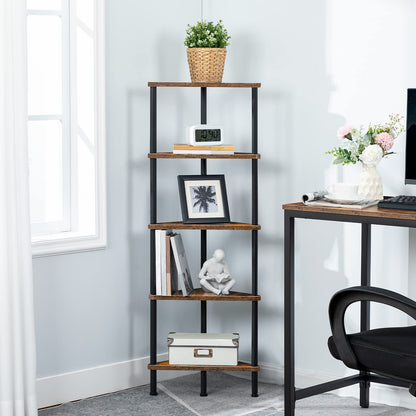 HOOBRO Corner Shelf Stand, Industrial 5-Tier Corner Bookshelf with Metal Frame, Plant Display Shelf, Small Bookcase for Small Spaces, Bedroom, Living Room, Rustic Brown BF33CJ01