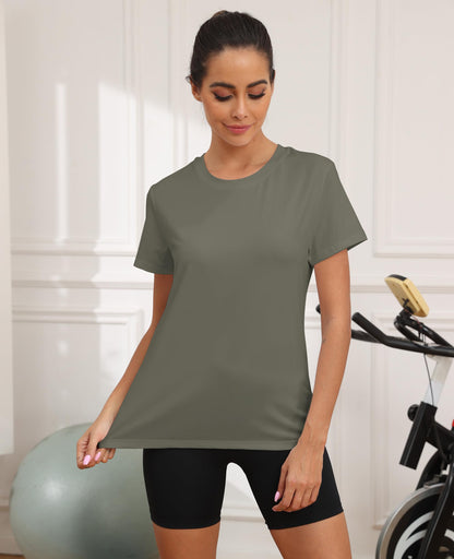 KevaMolly Olive Green Workout Tops for Women UPF50+ Breathable Loose Fit Yoga T Shirts Short Sleeve Running Gym Athletic Tee Top L