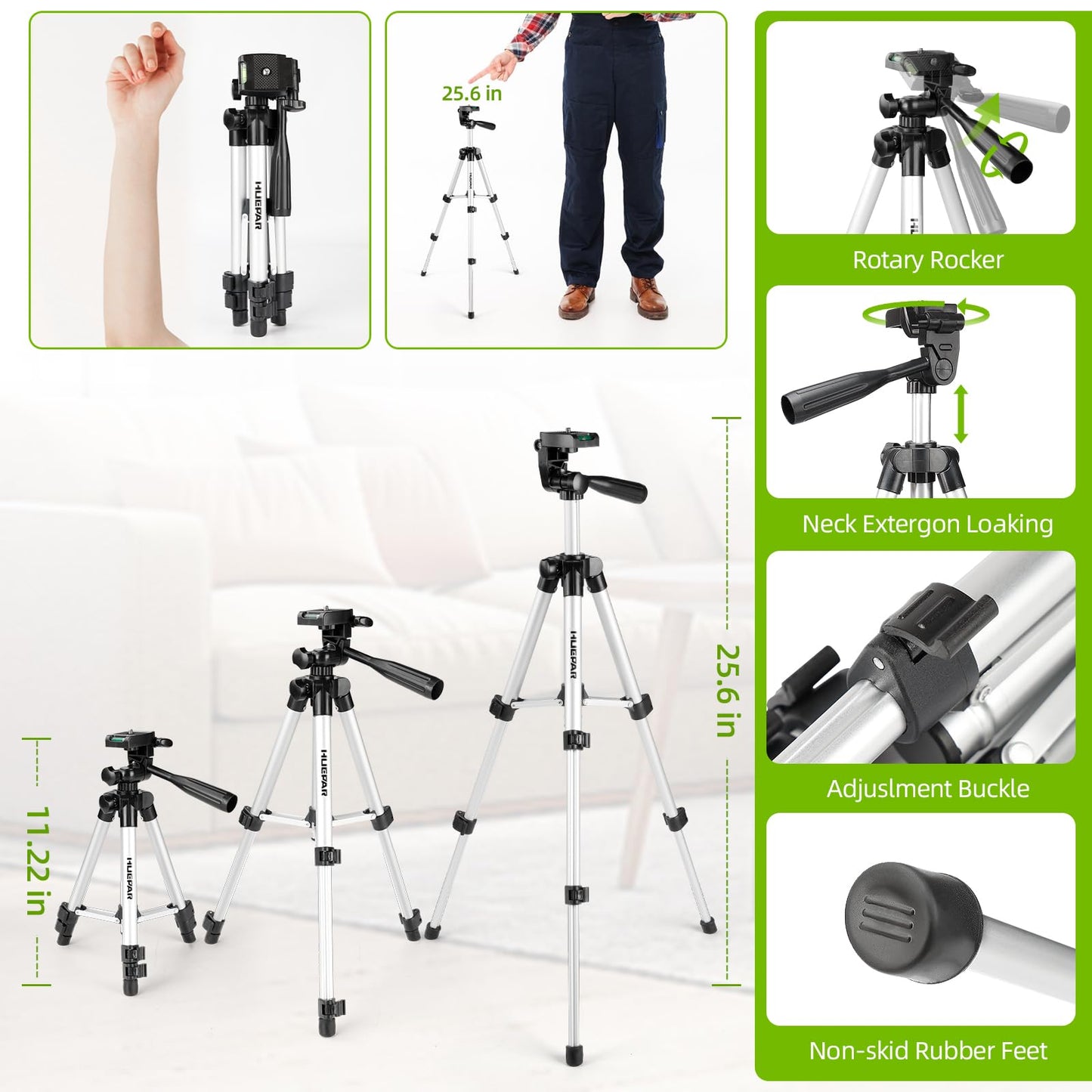 Laser Level with Tripod, Huepar 150Ft Self Leveling Lazer Level Outdoor Use, 150° Vertical Green Cross Line Level Laser for Picture Hanging, Tile, Construction Project - Pulse Mode (25.6 in Tripod)