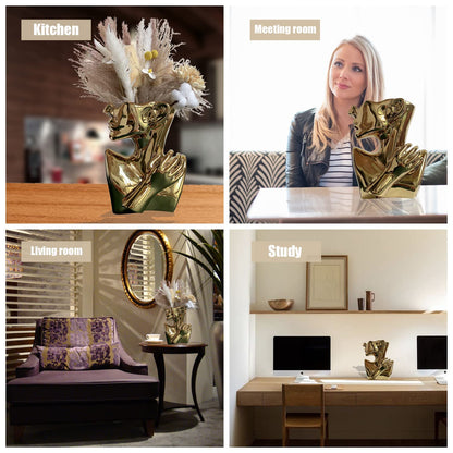 FUNSOBA Ceramics Statue Flower Vase Face Pots Bust Head Shaped for Birthday Gifts Home Office Decoration (Gold)