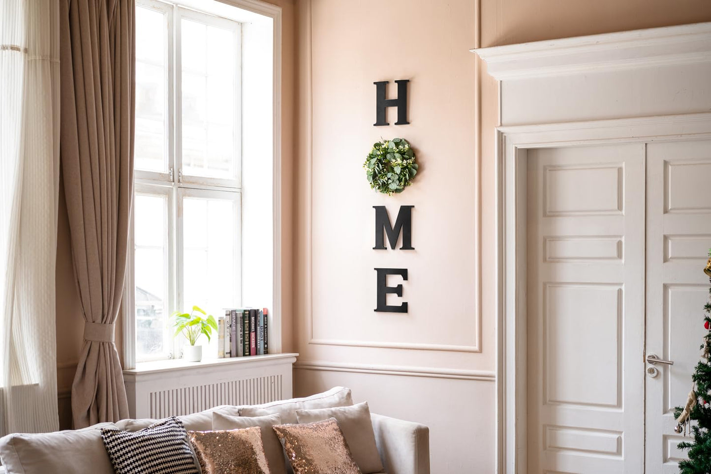 Mkono Farmhouse Wall Home Sign with Artificial Eucalyptus for O Rustic Wooden Hanging Letters Decorative Wall Art Decor for Living Room Kitchen Entryway Housewarming Gift, Black