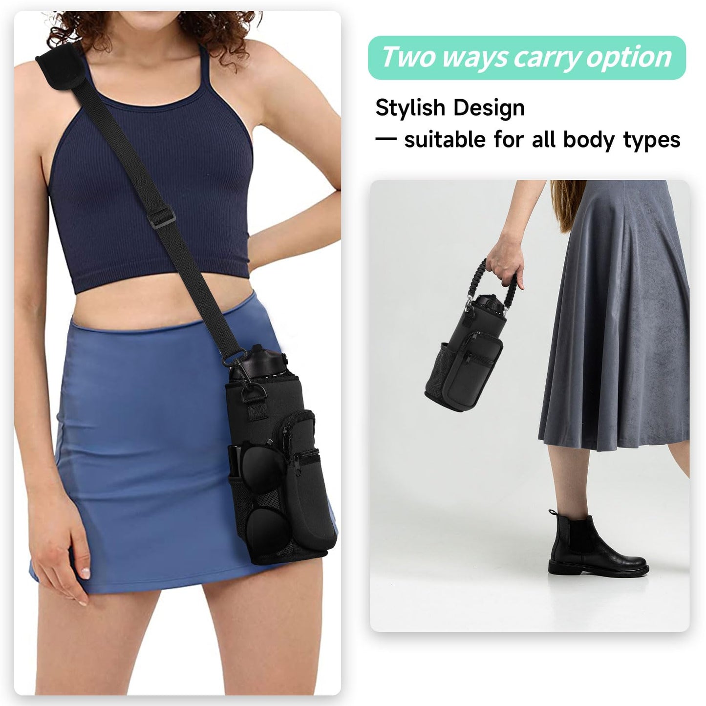 AceTreker 32 oz 40 oz Water Bottle Carrier, Neoprene Water Bottle Holder with Strap & Paracord Handle, Sport Bottle Sleeve Sling Bag with 4 Pocket for Travelling, Walking, Camping-Black