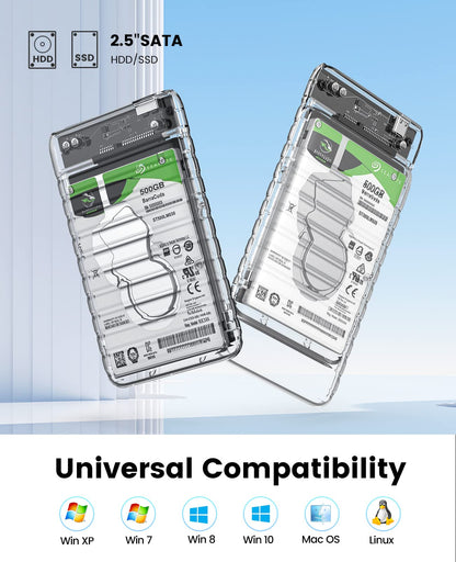 ORICO 2.5 inch Hard Drive Enclosure USB C to SATA III 5Gbps Clear External Hard Drive Case for All 7mm 9.5mm 2.5 inch SATA SSD HDD Up to 6TB, Tool-Free, Support USB 3.0 UASP (2139C3)