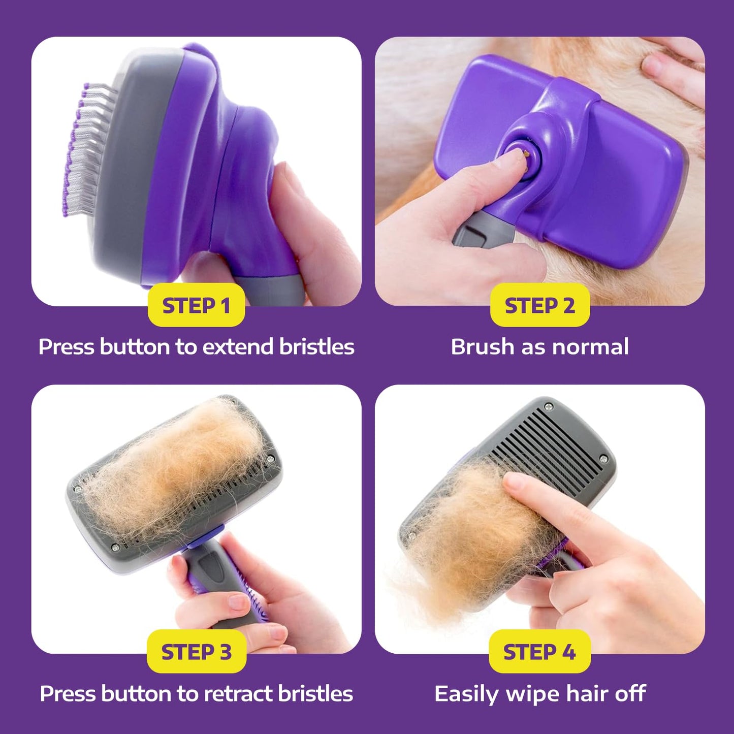 Hertzko Self-Cleaning Slicker Brush - Cat and Dog Brush for Shedding, Tangles and Dirt - Gentle Grooming Tool for Sensitive Skin - Pet Hair Remover for Long and Short Coats - Purple