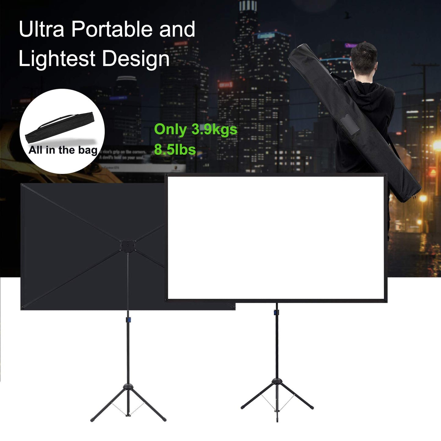 Portable Projector Screen with Stand, Outdoor Movie Screen, 80 Inch 16:9, Light-Weight, Mobile and Compact, Easy Setup and Carrying, Projection Screen with 1.2 Gain Glass Fiber, Idea for Home Cinema.