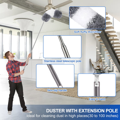 Microfiber Duster Kit (11PCS) - Washable Dusters with Extension Pole (30 to 100 in) for Cleaning Ceilings, Fans, Furniture