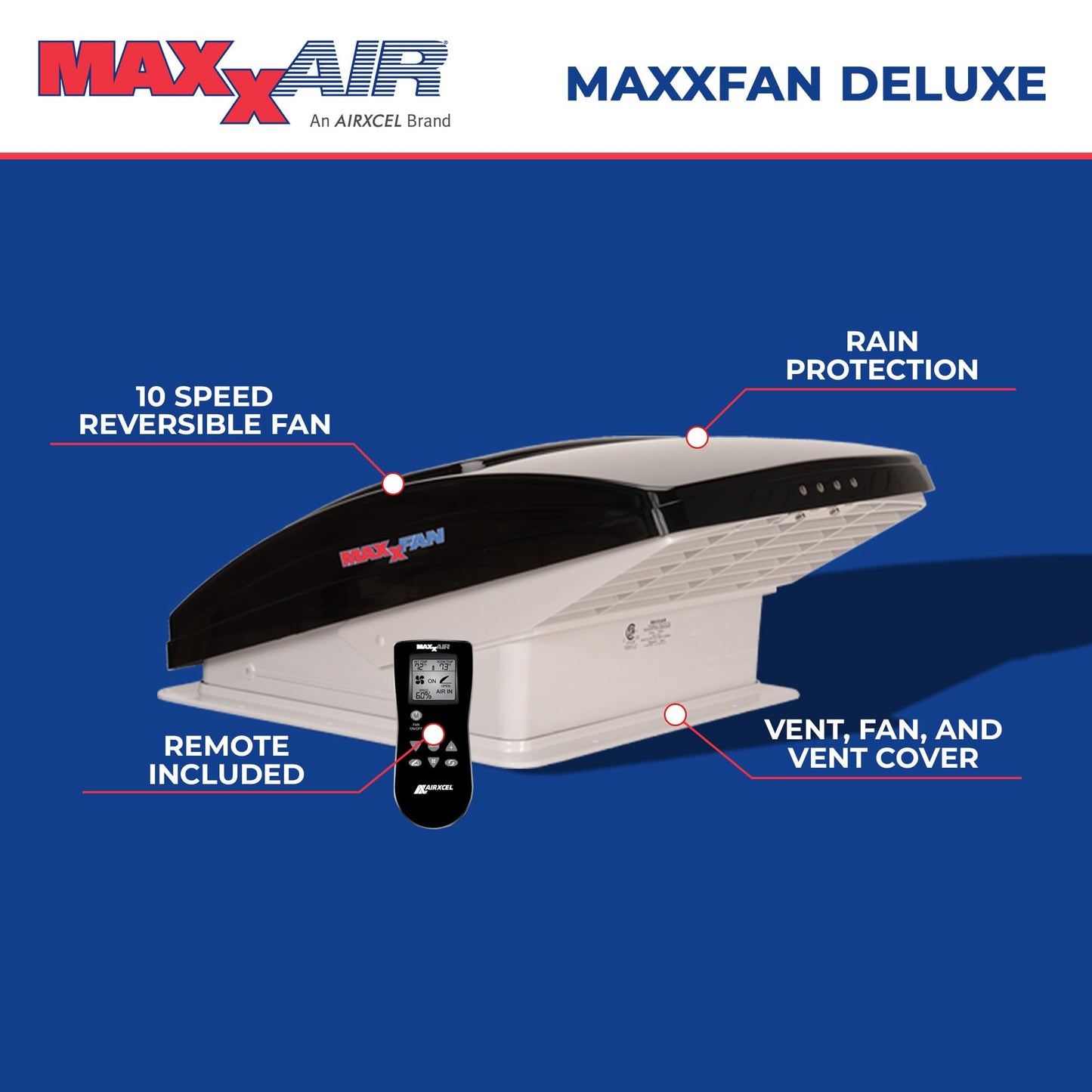 MAXXAIR Maxxfan Deluxe Vent, Fan and Vent Cover All in One - Powerful 10-Speed Reversible Fan with Thermostat, Built-in Rain Cover, Remote Control, Intake & Exhaust Fan, Smoke (00-07500K)