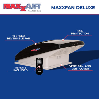 MAXXAIR Maxxfan Deluxe Vent, Fan and Vent Cover All in One - Powerful 10-Speed Reversible Fan with Thermostat, Built-in Rain Cover, Remote Control, Intake & Exhaust Fan, Smoke (00-07500K)