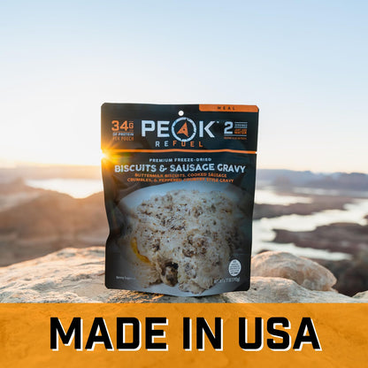 Peak Refuel Biscuits & Sausage Gravy | Freeze Dried Backpacking, Camping & Emergency Prep Food | 2 Servings Pouches