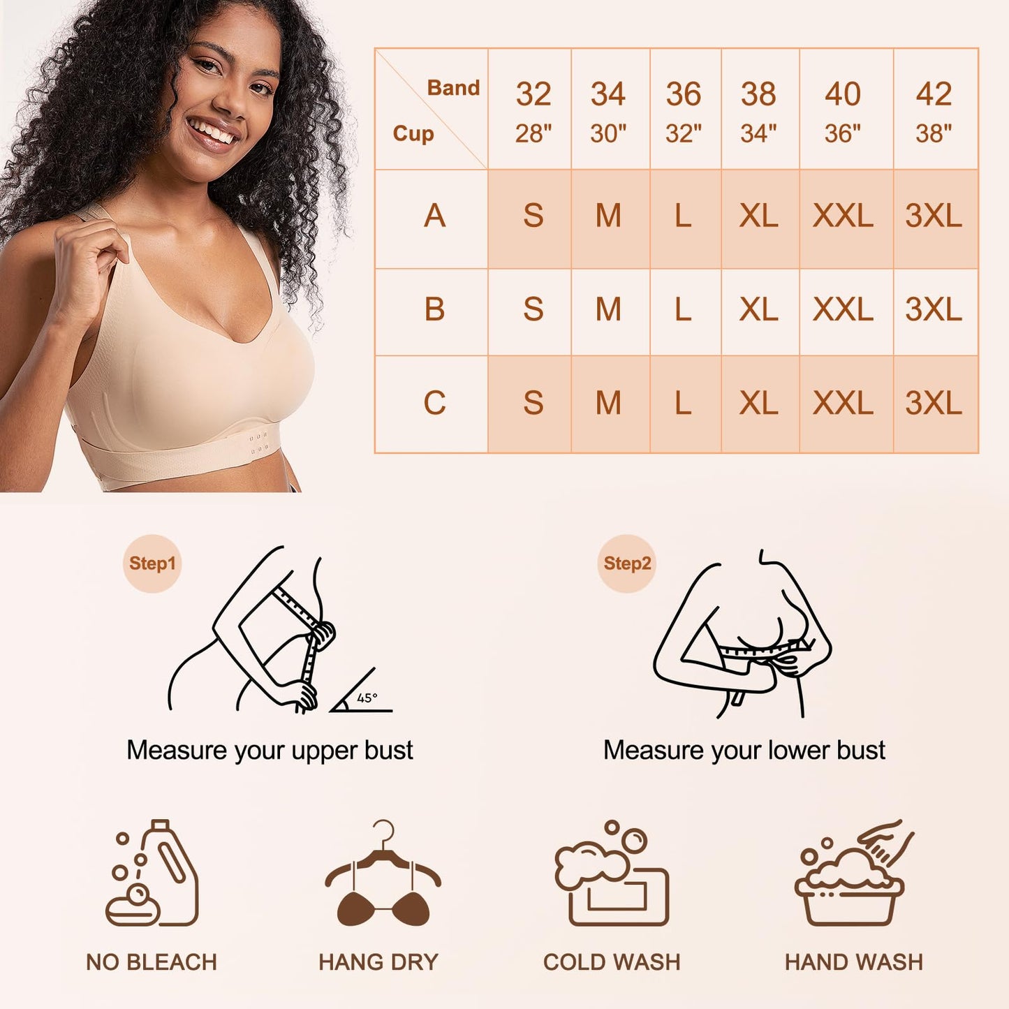 Posture Bra for Women Wireless Push Up Bralette Full Coverage Back Support Brasieres, Beige, L