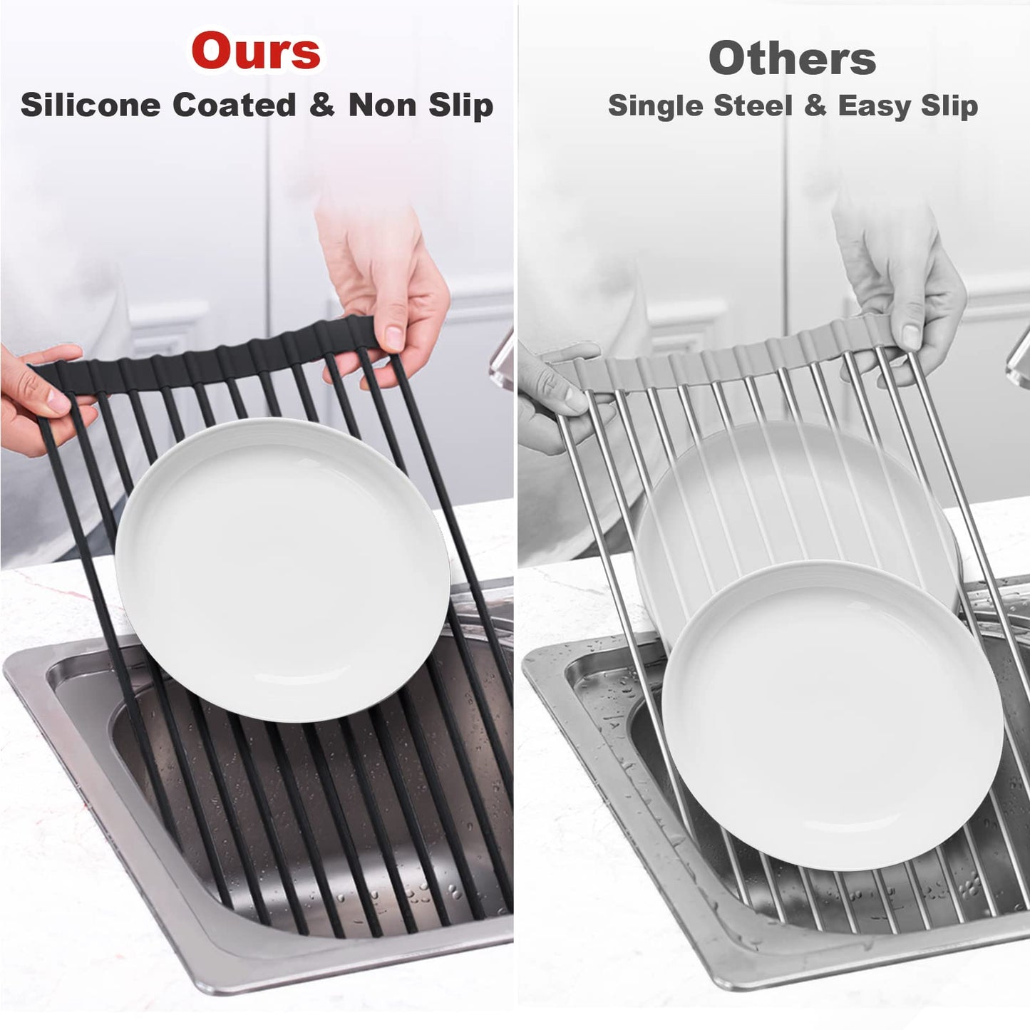 MERRYBOX Roll Up Dish Drying Rack Silicone Wrapped Over The Sink Dish Drying Rack Multipurpose Foldable Sink Drying Mat Anti-Slip & Anti-Rust Dish Rack for Kitchen, 17.5" x 13", Black