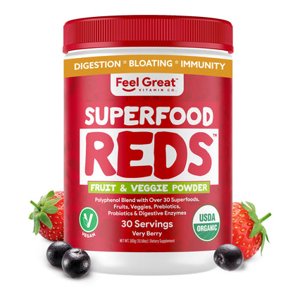 Feel Great Organic Superfood Reds Powder Packed with Beet Root Powder | Digestive Support Including Bloating Relief | Fruit and Veggie Polyphenols Supplement.