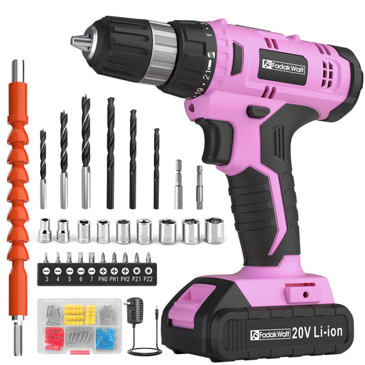 FADAKWALT Cordless Drill Set, 20V Electric Power Drill With Battery And Charger, 30N Torque, 21+1 Settings, 3/8-Inch Keyless Chuck, Driver Bits Kit, LED Light (Pink)