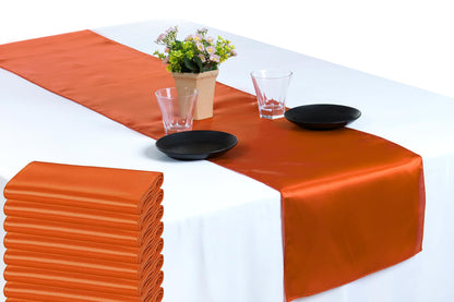 MDS 10 PCS Satin Table Runners 12 x 108 Inch Charmeuse Sateen Silk Table Runner for Indoor Outdoor Wedding Reception Birthday Graduation Party Event Banquet Dining Table Decoration - Brunt Orange