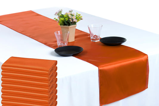 MDS 10 PCS Satin Table Runners 12 x 108 Inch Charmeuse Sateen Silk Table Runner for Indoor Outdoor Wedding Reception Birthday Graduation Party Event Banquet Dining Table Decoration - Brunt Orange